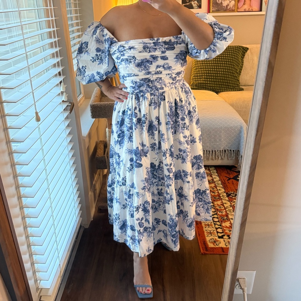 Abercrombie Floral Off-Shoulder Dress in Blue and White
